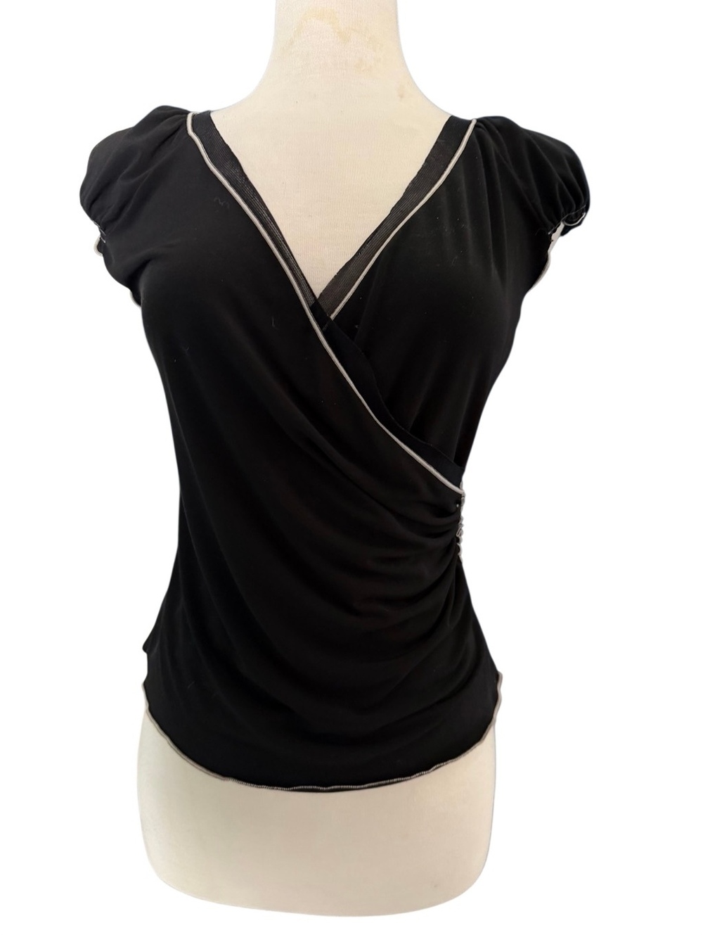 90s Vintage Cap Sleeve Wrap Jersey Mesh Top Stretch Black Contrast Stitching S